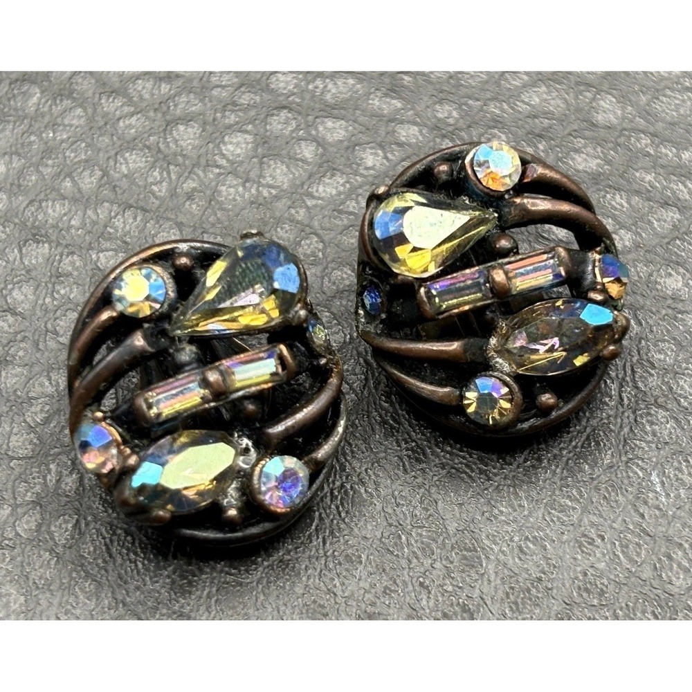 Vintage HOLLYCRAFT Aurora Borealis Crystal Rhinestone Clip-On Earrings Japanned